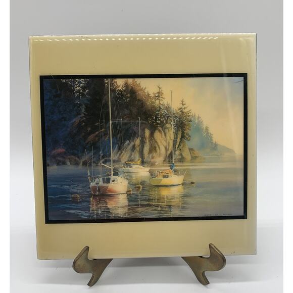 Kiff Holland Clay Glass Trivet Wall Art Sail Boats Lake Cliff Lake House Set 2 - Picture 7 of 9